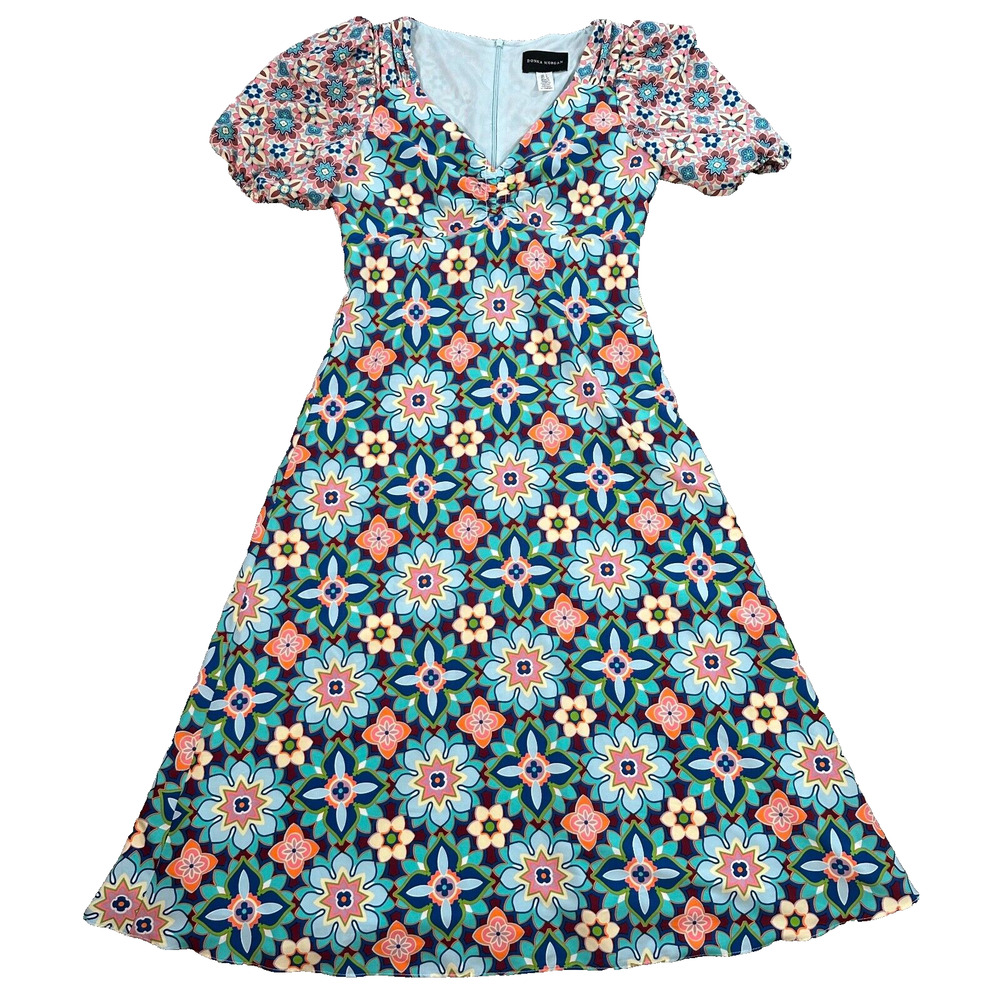 Donna Morgan Floral Midi Puff Sleeve Dress Women's 2 Sky Blue V-Neck